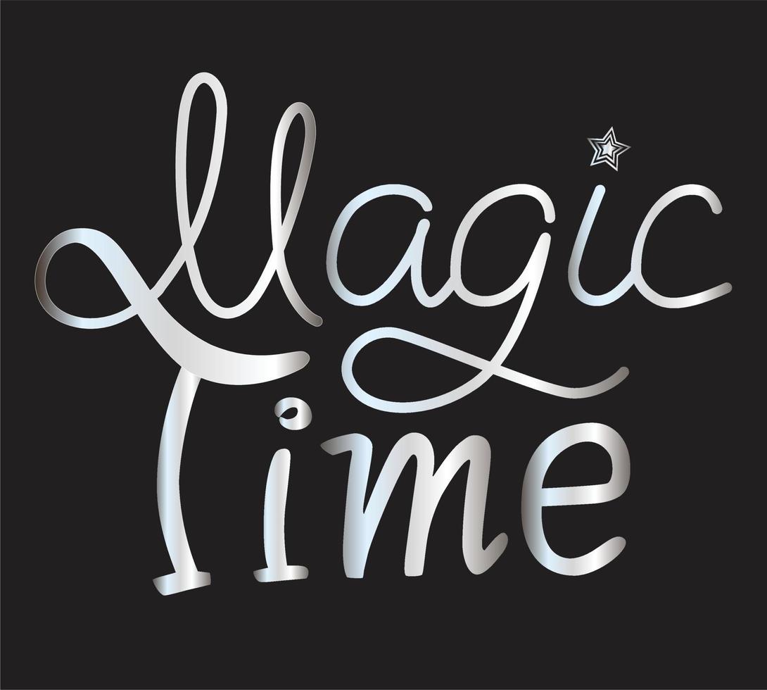 Magic time lettering design with metal shining effect on black background. Winter holidays time. vector