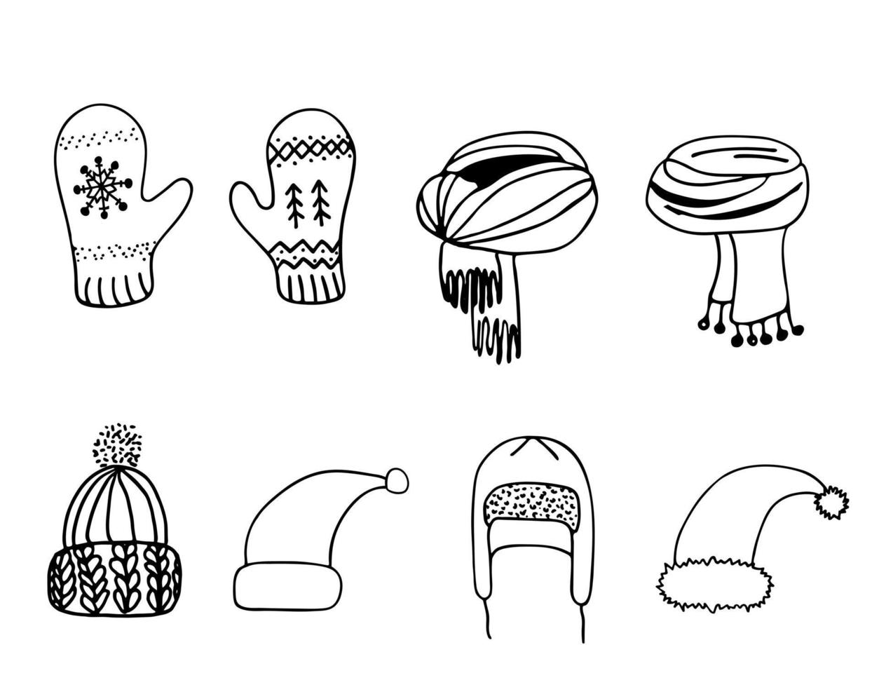 Set of hand drawn clothing accessories. Winter fashion knitted elements illustration. Mittens, hats and scarfs line drawing. Good for advertising, icons, cards, pattern. vector