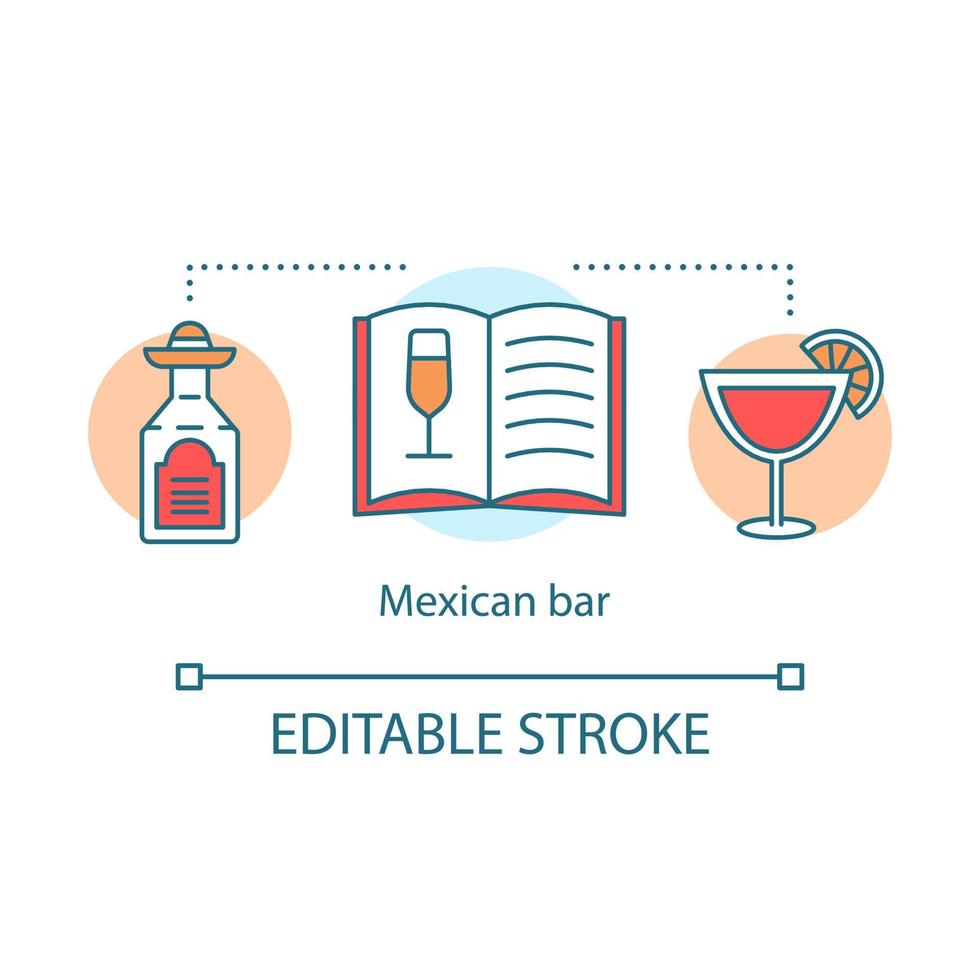 Mexican bar concept icon. Alcohol drinks, menu. Mexico traditional pub. Tequila, recipe book, cocktail idea thin line illustration. Vector isolated outline drawing. Editable stroke