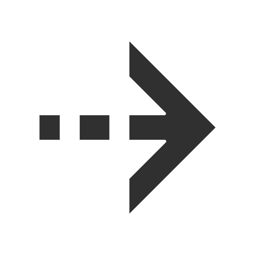 Arrow with dotted dash line glyph icon. East direction. Arrow indicating rightward. Next, forward. Navigation pointer, indicator sign. Silhouette symbol. Negative space. Vector isolated illustration