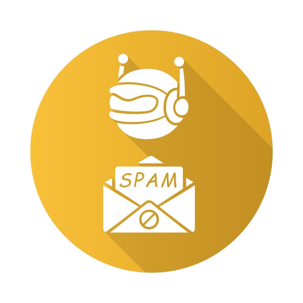 Spambot diseño plano icono de glifo de larga sombra. anuncios de virus, enlaces. bot de spam. sitios de phishing maliciosos. envío de software de publicidad no deseada. spammer de Internet. ilustración de silueta de vector