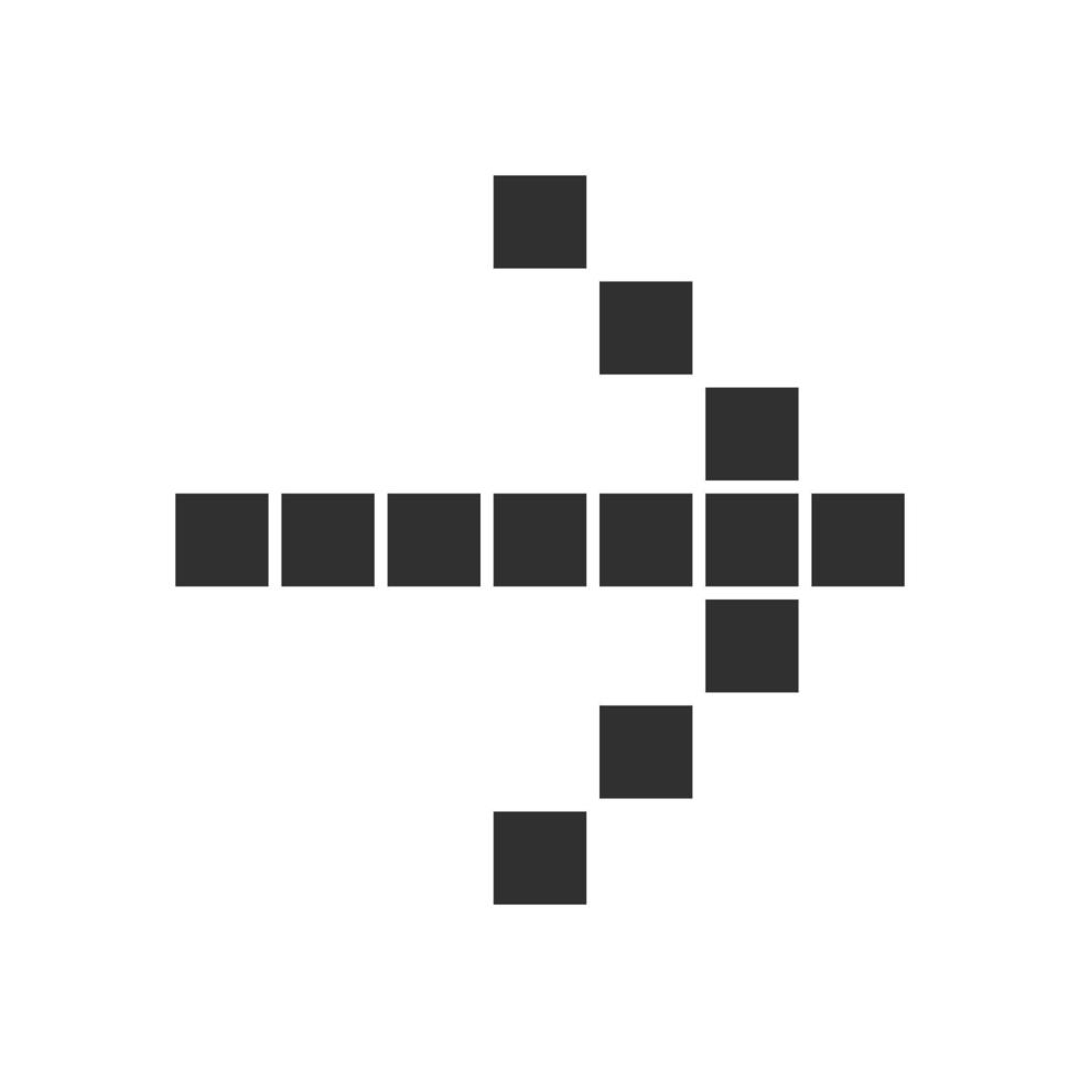 Pixel arrow glyph icon. Forward indicator, right marker. Indicating sign, pointer button. Pixel gaming arrow. Mosaic navigation symbol. Silhouette symbol. Negative space. Vector isolated illustration