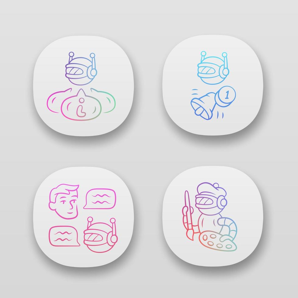 Internet robots app icons set. Chatbot, informational, proactive, art bots. Cybernetics. Artificial intelligence, AI. UI UX user interface. Web or mobile applications. Vector isolated illustrations