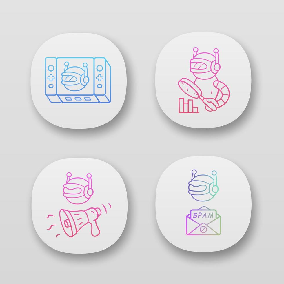 Web robots app icons set. Game, propaganda, monitoring, spam bot. Artificial intelligence. Virtual reality. Spam attack. UI UX user interface. Web or mobile applications. Vector isolated illustrations