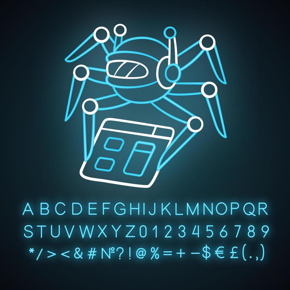 icono de luz de neón del rastreador. spiderbot. optimización de motores de búsqueda. indexador automático. inteligencia artificial. aplicación de software. signo brillante con alfabeto, números y símbolos. vector ilustración aislada