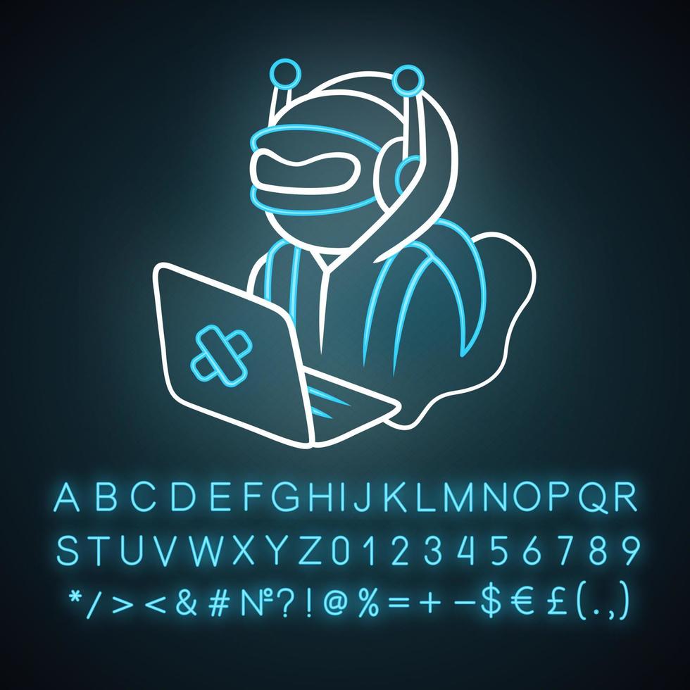 Hacker bot neon light icon. Virus robot. Cyber pirate attack, crime, cybercrime. Computer virus. Malicious software, AI. Glowing sign with alphabet, numbers and symbols. Vector isolated illustration