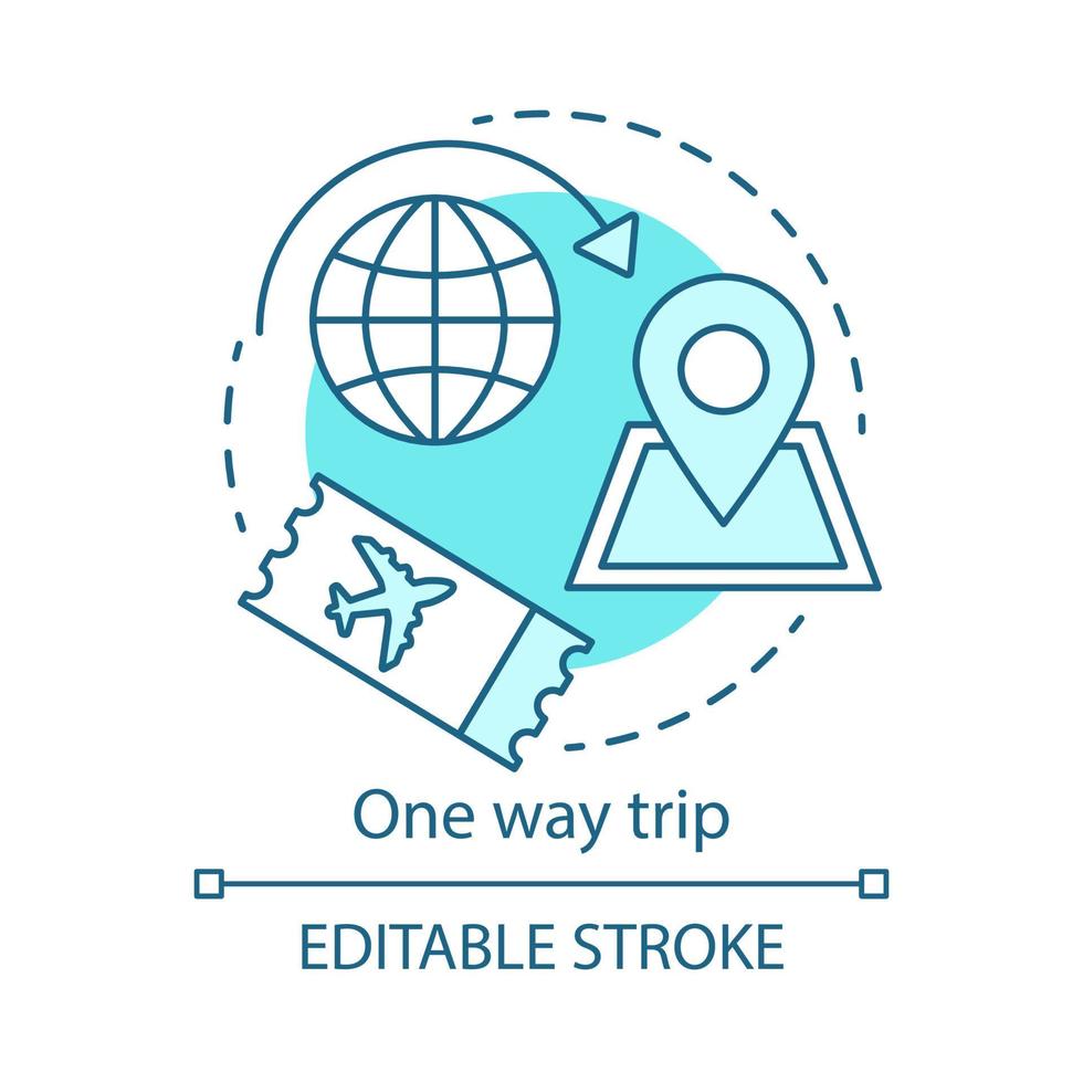 One way trip concept icon. Trip, vacation, tourism idea thin line illustration. Single ticket. Departure and destination point. Flight ticket booking. Vector isolated outline drawing. Editable stroke