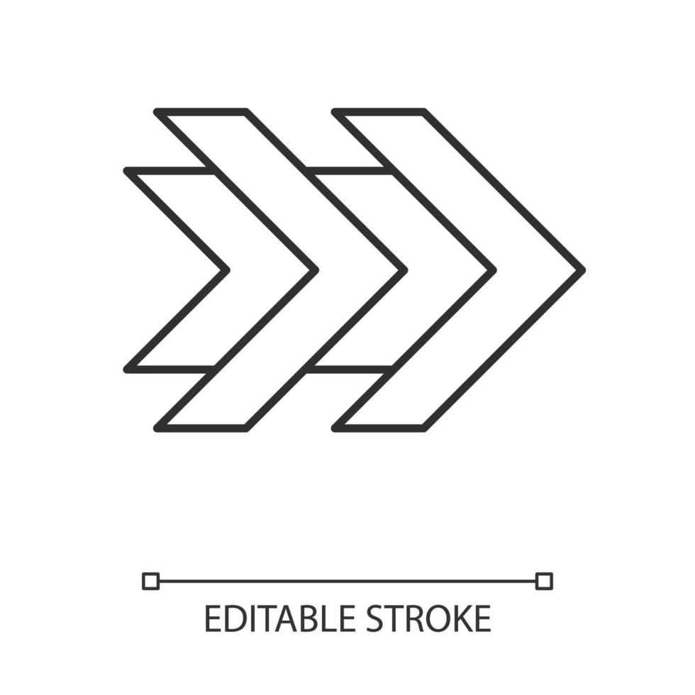 Double arrows linear icon. Fast forward right arrowhead. Rewinding button. Navigation pointer. Indicating sign. Thin line illustration. Contour symbol. Vector isolated outline drawing. Editable stroke