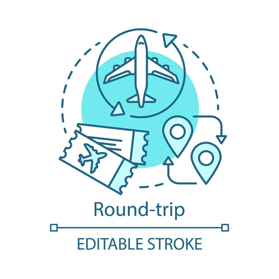 Round trip concept icon. Return ticket idea thin line illustration.Travelling by plane airplane trip. Aircraft flight path. Plane taking off landing. Vector isolated outline drawing. Editable stroke 4...