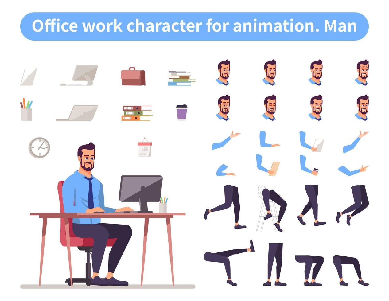 Vista frontal del empresario diseño de personajes vectoriales planos animados. Conjunto de dibujos animados de creación de animación de personajes de trabajador de oficina. gerente superior, ceo constructor con varias emociones faciales, gestos con las manos, kit de piernas vector