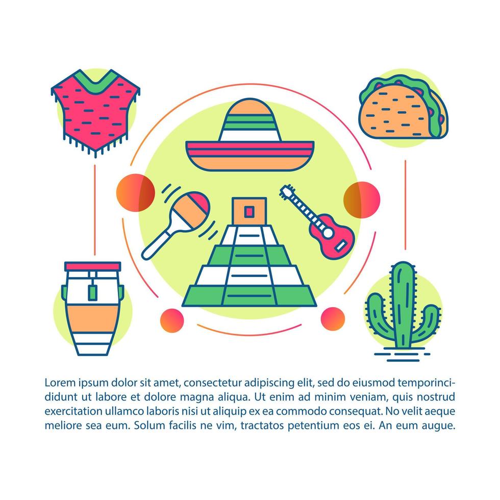 Mexican culture article page vector template. Mexico traditions. Brochure, magazine, booklet design element with linear icons and text boxes. Print design. Concept illustrations with text space