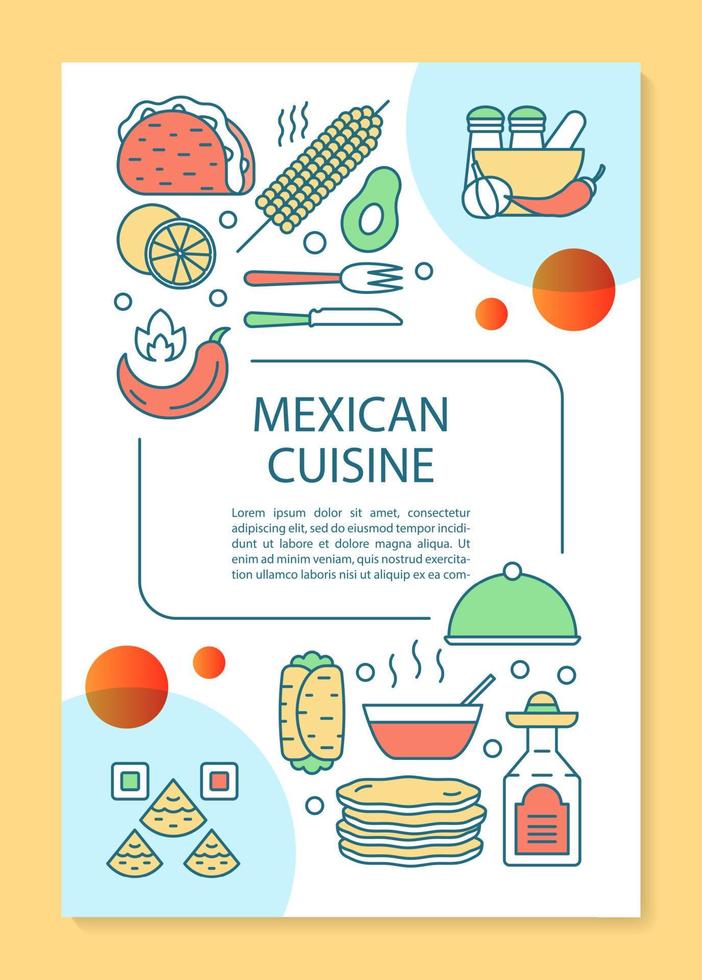 Diseño de plantilla de folleto de cocina mexicana. Folleto de comida tradicional de México, folleto, diseño de impresión de folleto con ilustraciones lineales. diseños de páginas vectoriales para revistas, informes anuales, carteles publicitarios vector