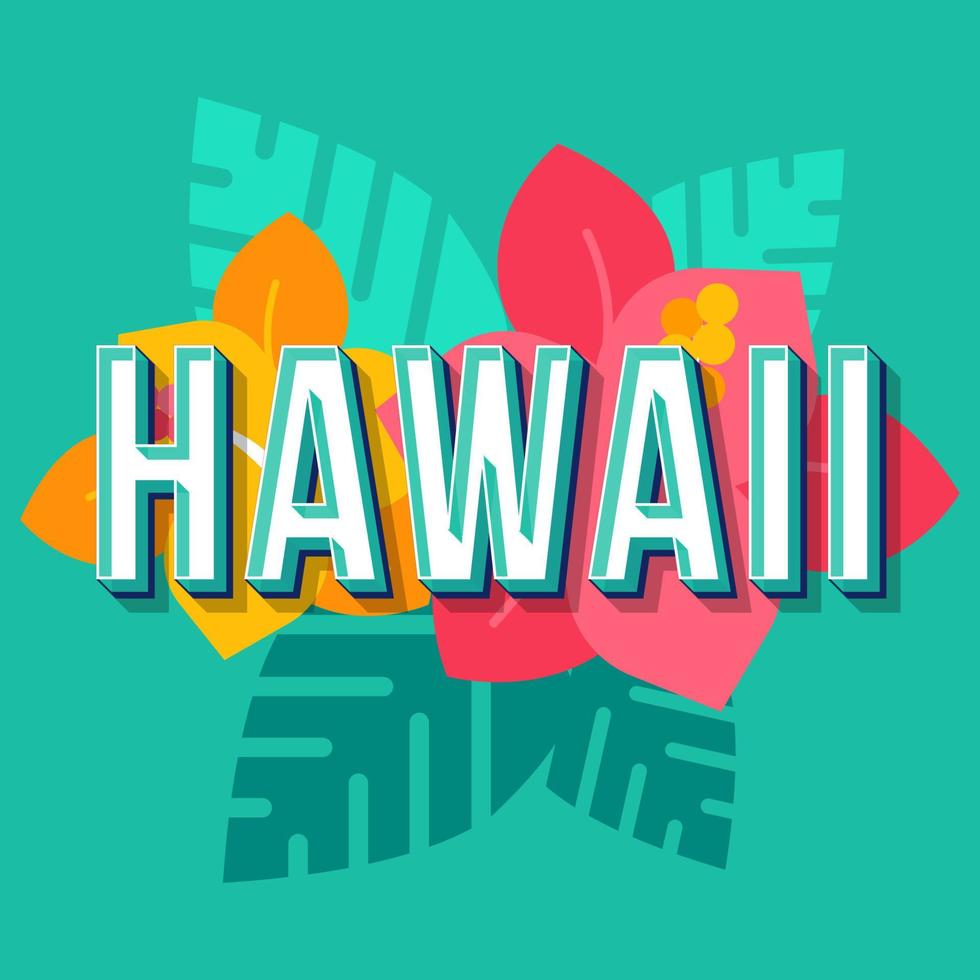 Letras vectoriales 3d vintage de Hawaii. fuente en negrita retro, tipografía. texto estilizado del arte pop. letras de estilo de la vieja escuela. Cartel de los 90, 80, diseño de banner. fondo de color pino flores tropicales vector