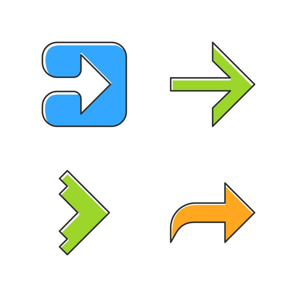 Conjunto de iconos de colores de tipos de flecha. flechas hacia adelante, derecha, curvas y geométricas. la punta de flecha en el cuadrado indica hacia la derecha. indexador de movimiento, indicador, designador. siguiente flecha. ilustraciones vectoriales aisladas vector