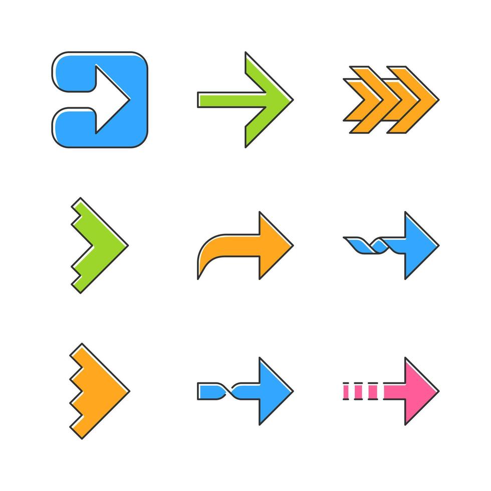 Conjunto de iconos de colores de flechas a la derecha. flechas hacia adelante, curvadas, punteadas, retorcidas, hacia adelante. marcador, indicador. movimiento. signo de movimiento. punta de flecha que indica hacia la derecha. ilustraciones vectoriales aisladas vector