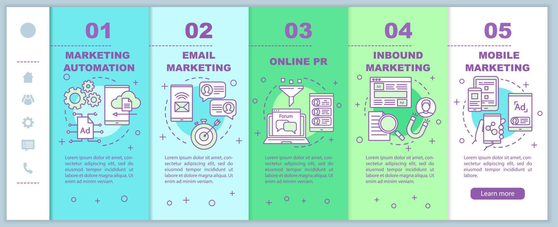 Digital marketing tactics onboarding mobile web pages vector template. Responsive smartphone website interface idea with linear illustrations. Webpage walkthrough step screens. Color concept