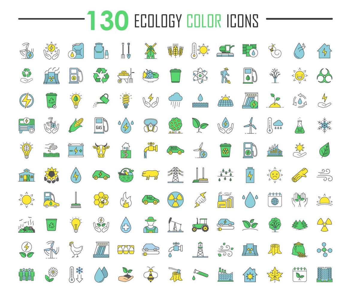 Ecology color icons big set. Ecology global care, nature protection, alternative power resources, energy saving technologies. Ecological industry and agriculture. Isolated vector illustrations