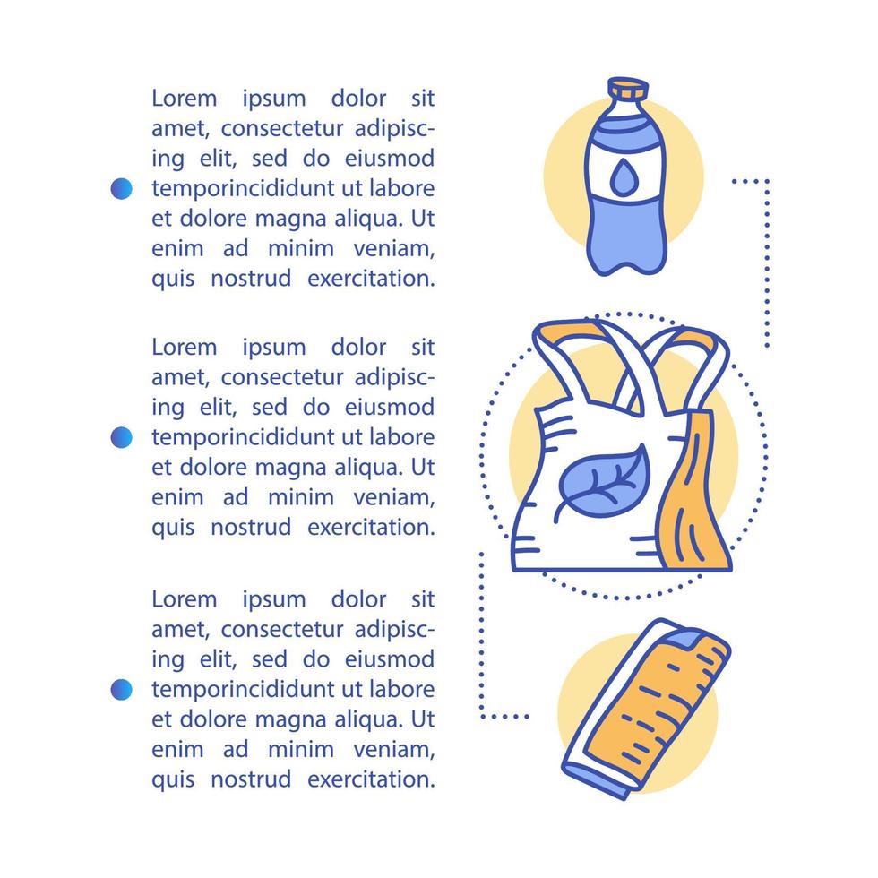 Zero waste products article page vector template. Brochure, magazine, booklet design element with linear icons and text boxes. Waste management. Print design. Concept illustrations with text space