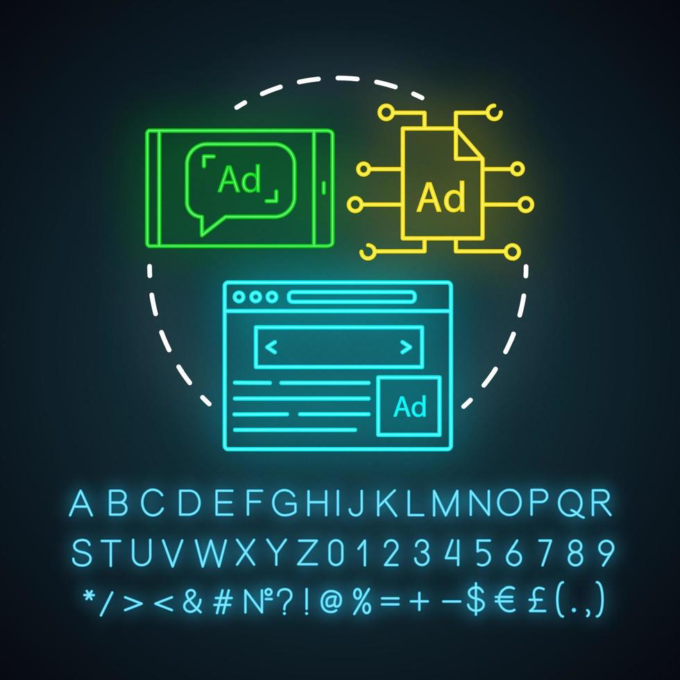 Display advertising neon light icon. Online advertising. Website, app, social media ads. Digital media marketing. Glowing sign with alphabet, numbers and symbols. Vector isolated illustration