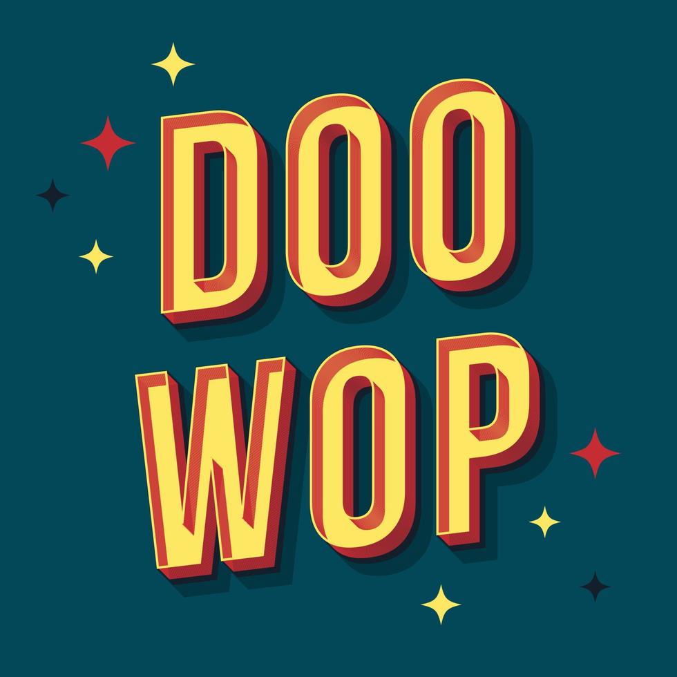 Doo wop vintage letras vectoriales 3d. fuente en negrita retro, tipografía. texto estilizado del arte pop. letras de estilo de la vieja escuela. Cartel de los años 90, 80, banner, diseño de tipografía de camiseta. fondo de color pavo real vector