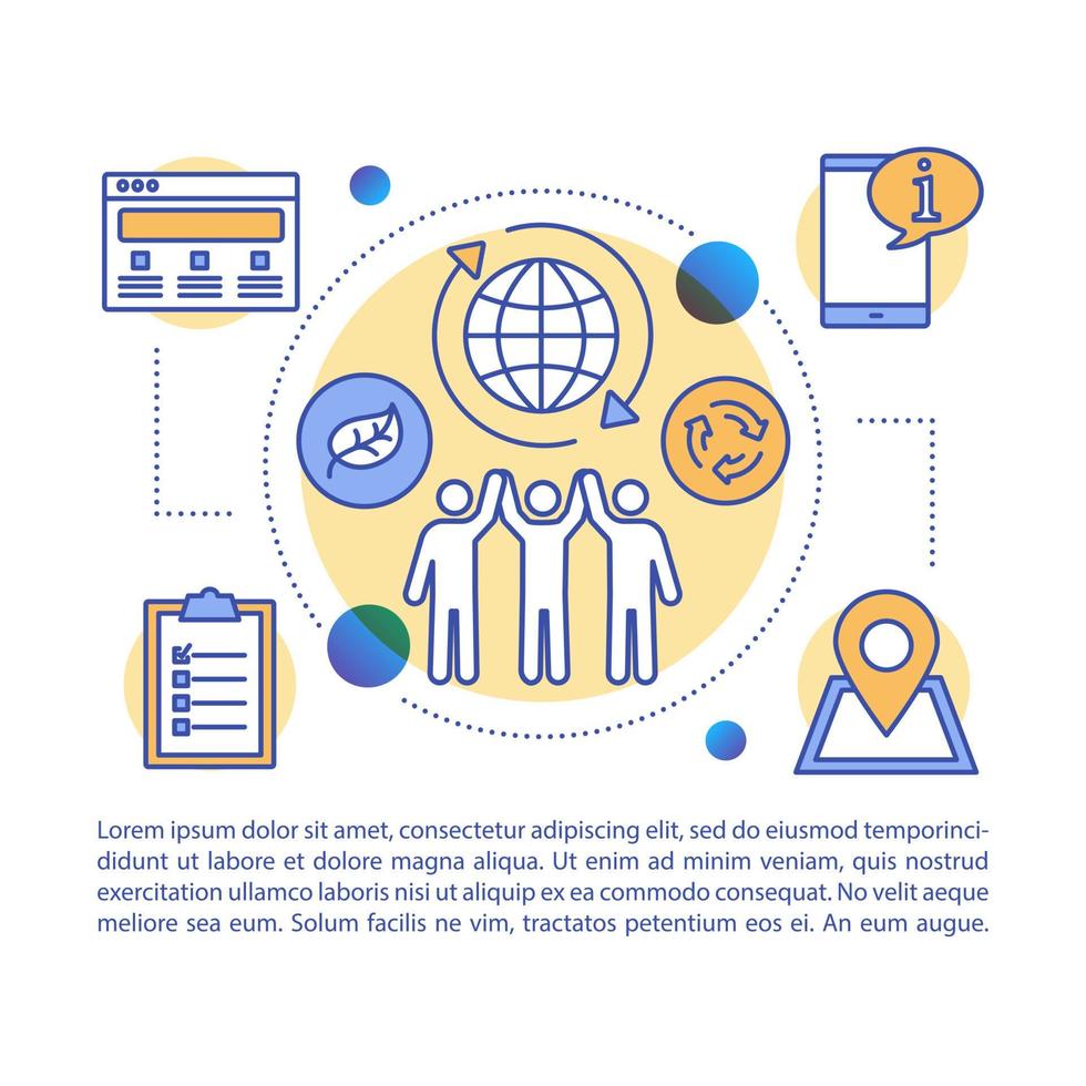 Zero waste lifestyle article page vector template. Brochure, magazine, booklet design element with linear icons and text boxes. Waste management. Print design. Concept illustrations with text space