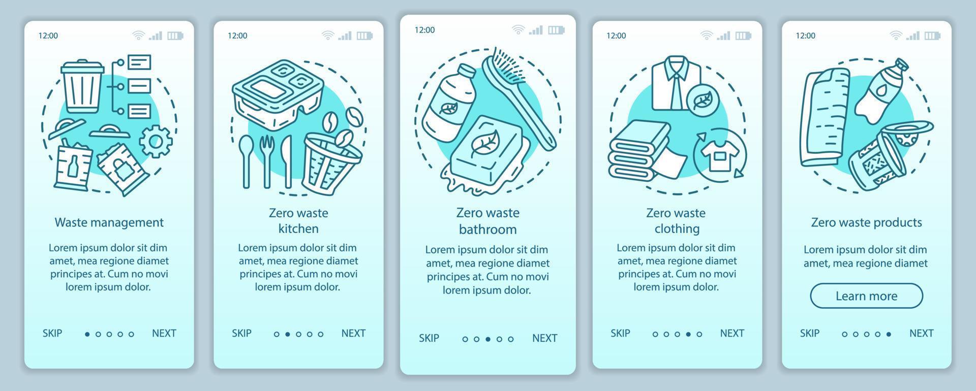 cero desperdicio estilo de vida onboarding onboarding plantilla de vector de pantalla de página de aplicación móvil. Pasos del sitio web del tutorial de gestión de residuos con ilustraciones lineales. concepto de interfaz de teléfono inteligente ux, ui, gui
