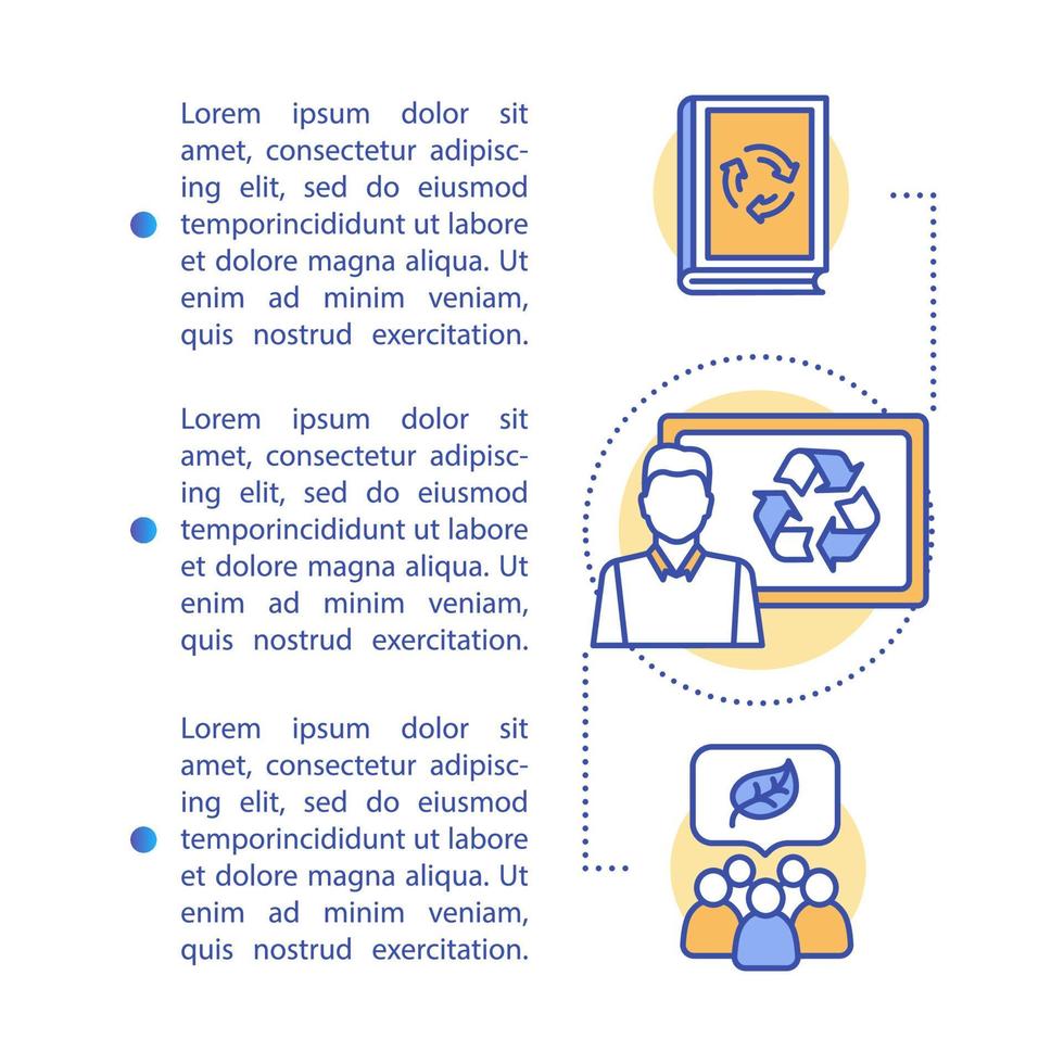 Zero waste education, article page vector template. Brochure, magazine, booklet design element with linear icons and text boxes. Waste management. Print design. Concept illustrations with text space