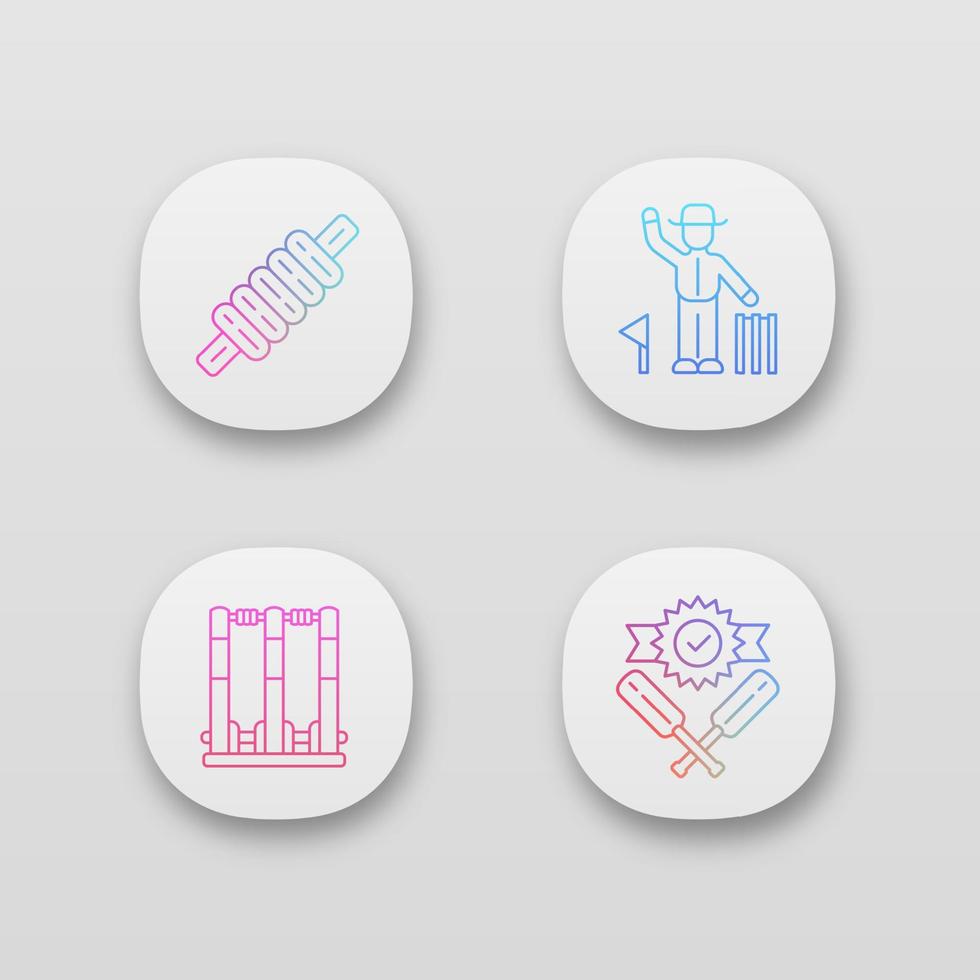 Cricket championship app icons set. Sport competition. Bail, stumps, win, umpire. Sporting gear, judge, victory. UI UX user interface. Web or mobile applications. Vector isolated illustrations