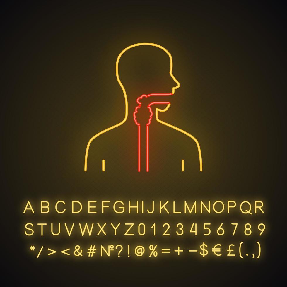 Ill throat neon light icon. Angina, tonsillitis. Upper section of alimentary canal. Gastrointestinal tract. Glowing sign with alphabet, numbers and symbols. Vector isolated illustration