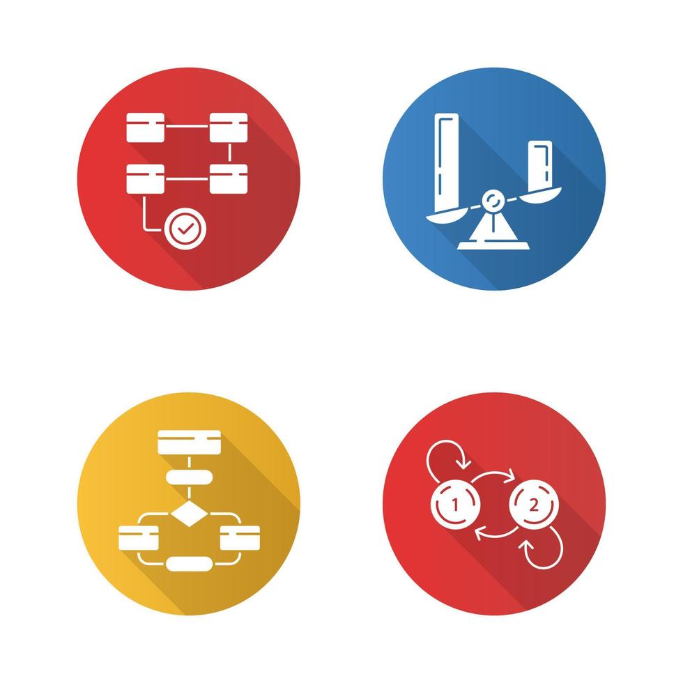 Diagram concepts flat design long shadow glyph icons set. Activity, comparison, flow, state charts. Statistics data and process. Information symbolic representation. Vector silhouette illustration