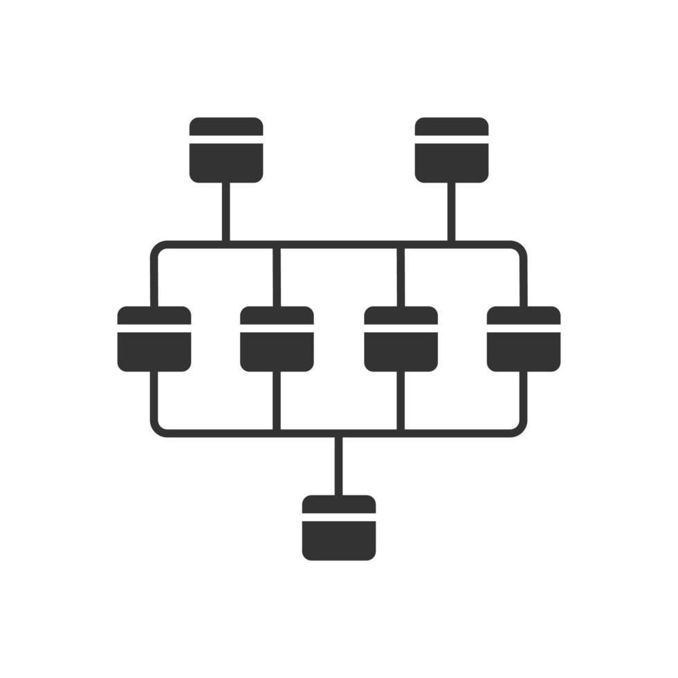 Network diagram glyph icon. Cluster diagram. Computer science. Network graphical chart. Computers structure. Interconnected system. Silhouette symbol. Negative space. Vector isolated illustration