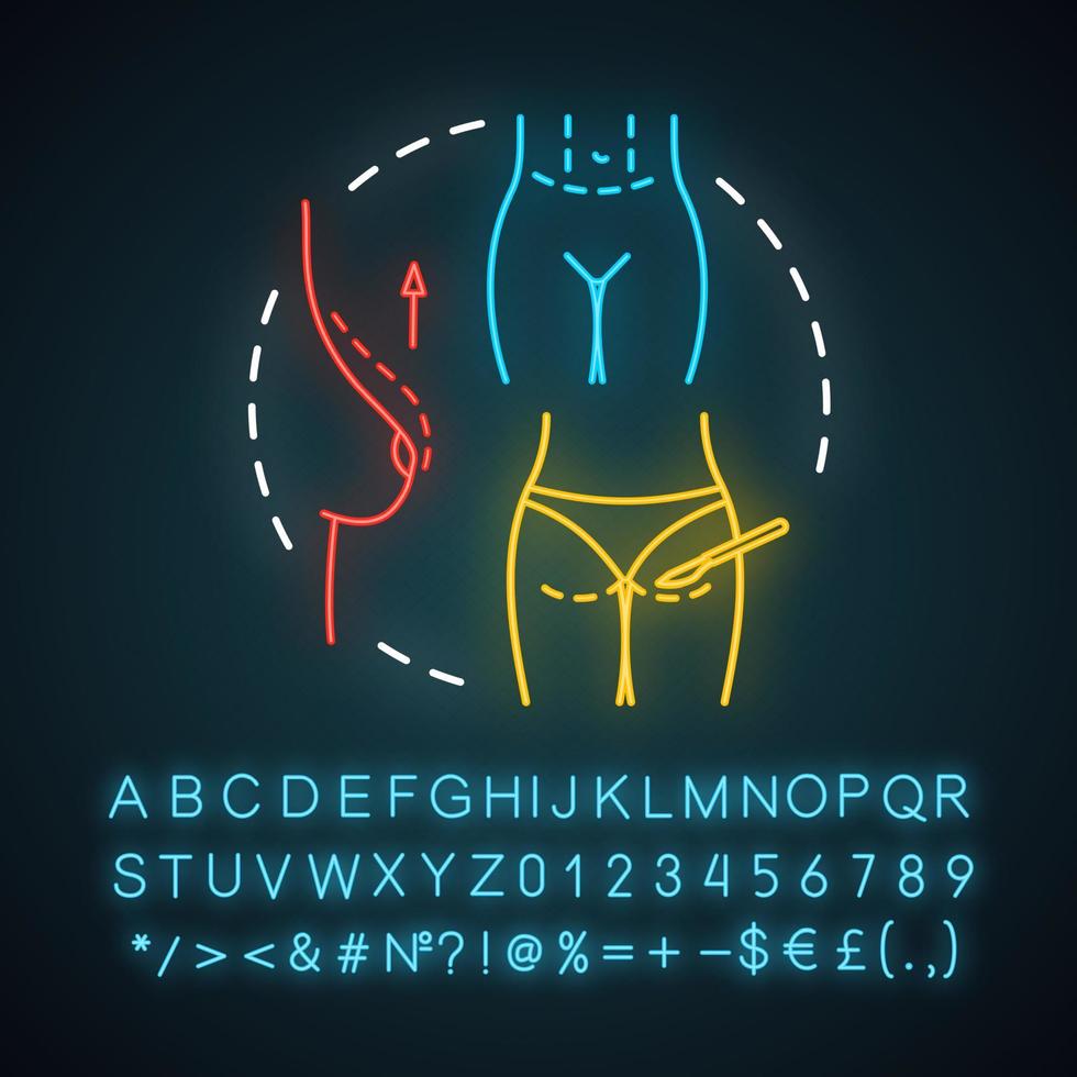 Mommy makeovers neon light icon. Body contouring procedure. Childbearing. Plastic surgery techniques. Glowing sign with alphabet, numbers and symbols. Vector isolated illustration