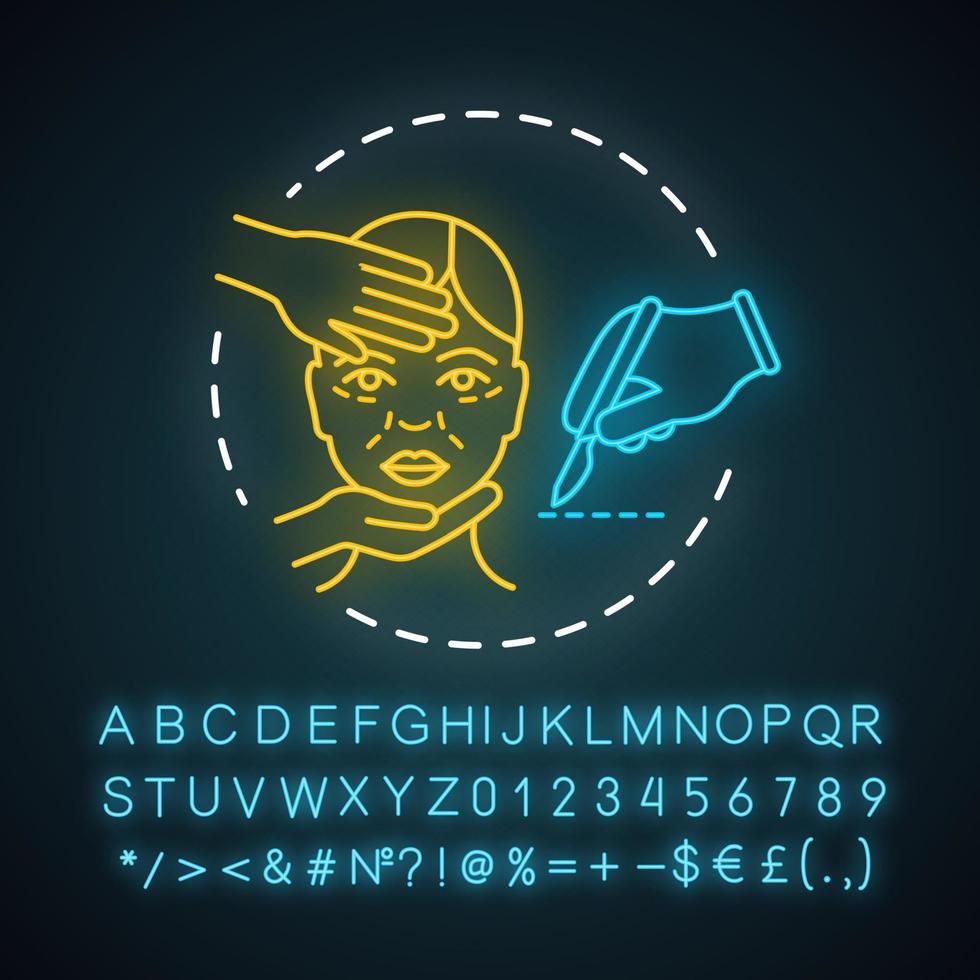 Face procedures neon light icon. Plastic surgery. Invasive facial treatment. Aging skin. Face contouring. Glowing sign with alphabet, numbers and symbols. Vector isolated illustration