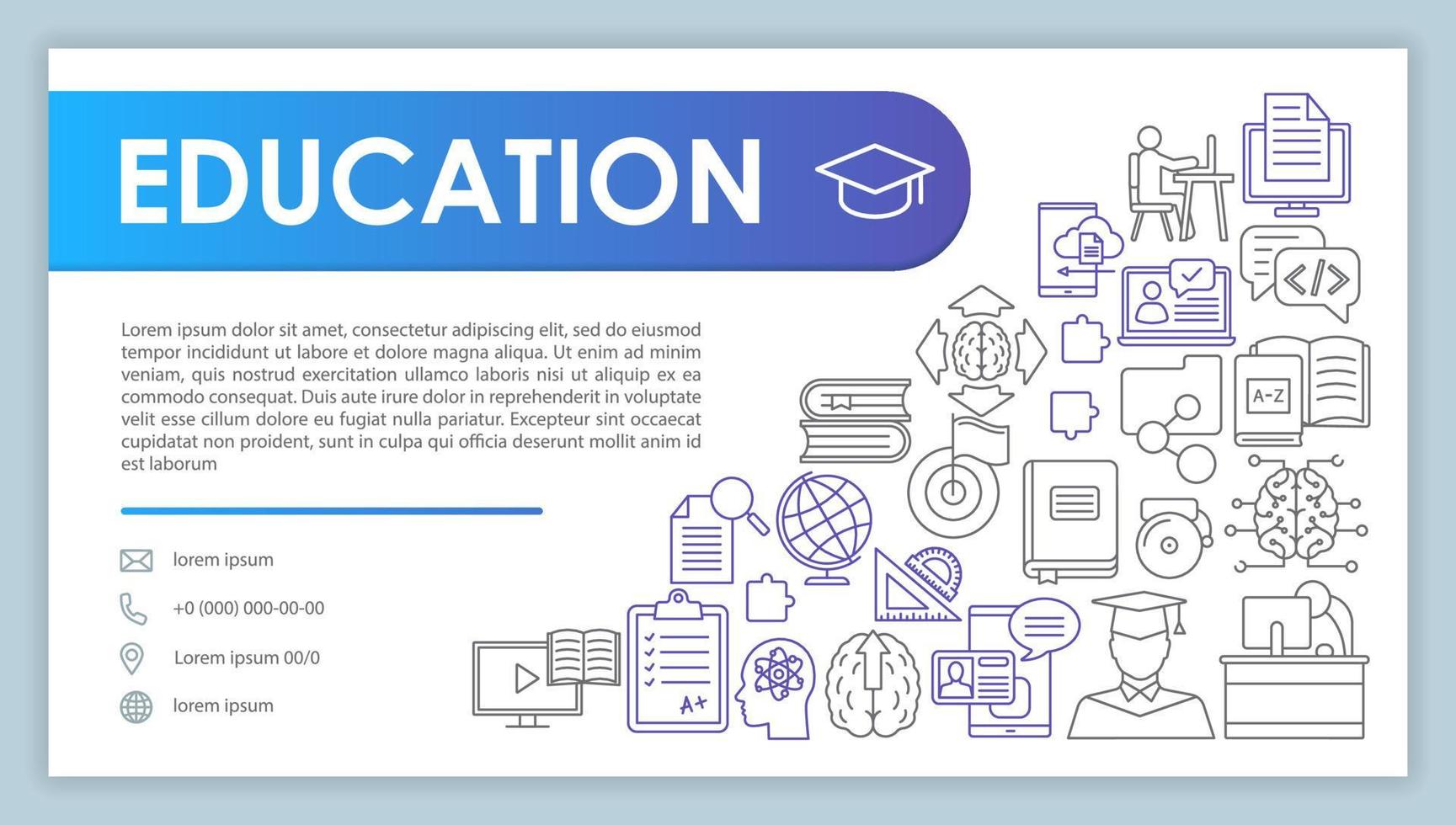 Education banner, business card template. Studying, learning. Company contact with phone, email linear icons. College, university graduation. Presentation, web page idea. Corporate print layout vector