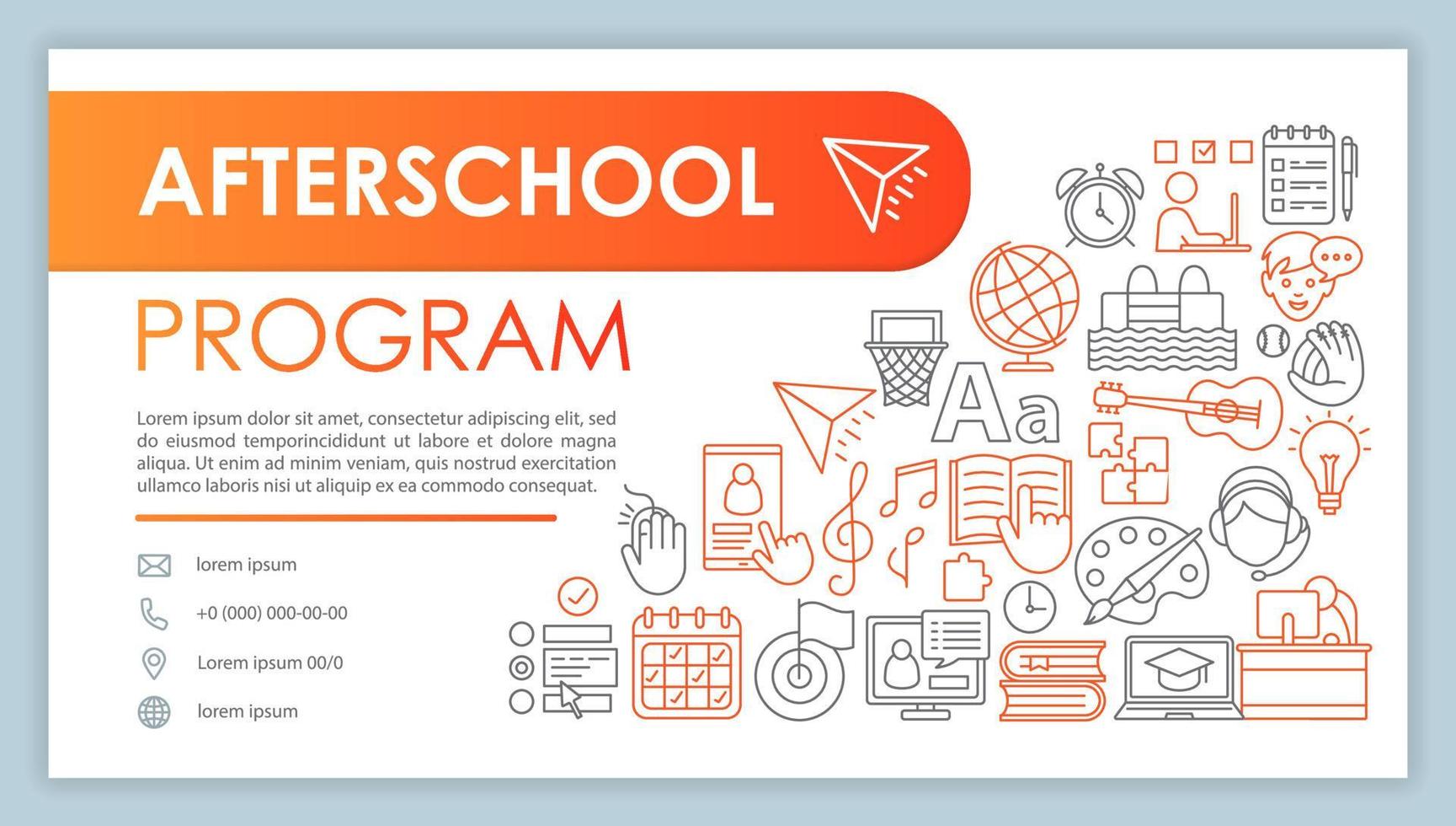 Afterschool program banner, business card template. After school education. Company contact with phone, email linear icons. Kids classes, lessons. Presentation, web page idea. Corporate print layout vector