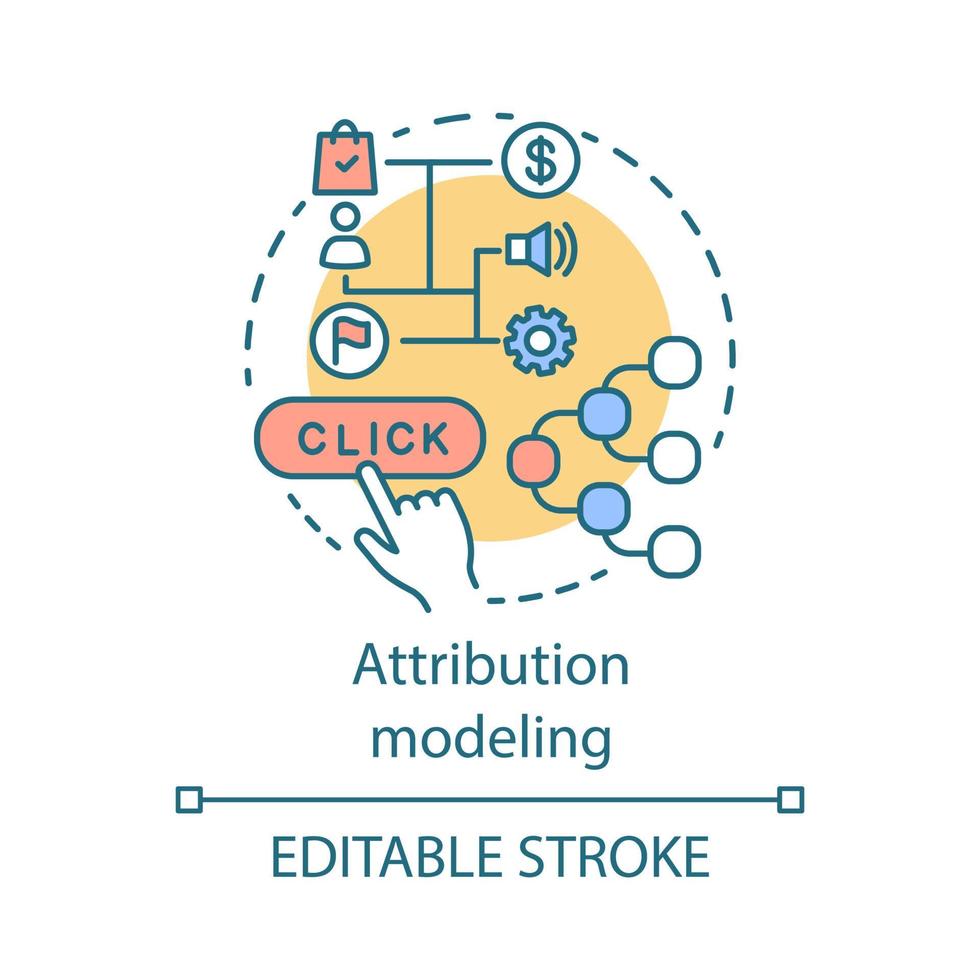 icono del concepto de modelado de atribución. Ilustración de línea fina de idea de beneficio de marketing digital. analítica web, actividad de marketing, conversiones. dibujo de contorno aislado vectorial. trazo editable vector