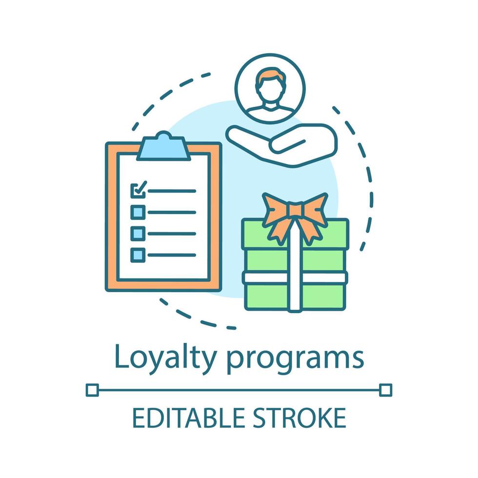 Loyalty programs concept icon. Rewards program idea thin line illustration. Decision making content. Marketing strategy. Customers attraction. Vector isolated outline drawing. Editable stroke