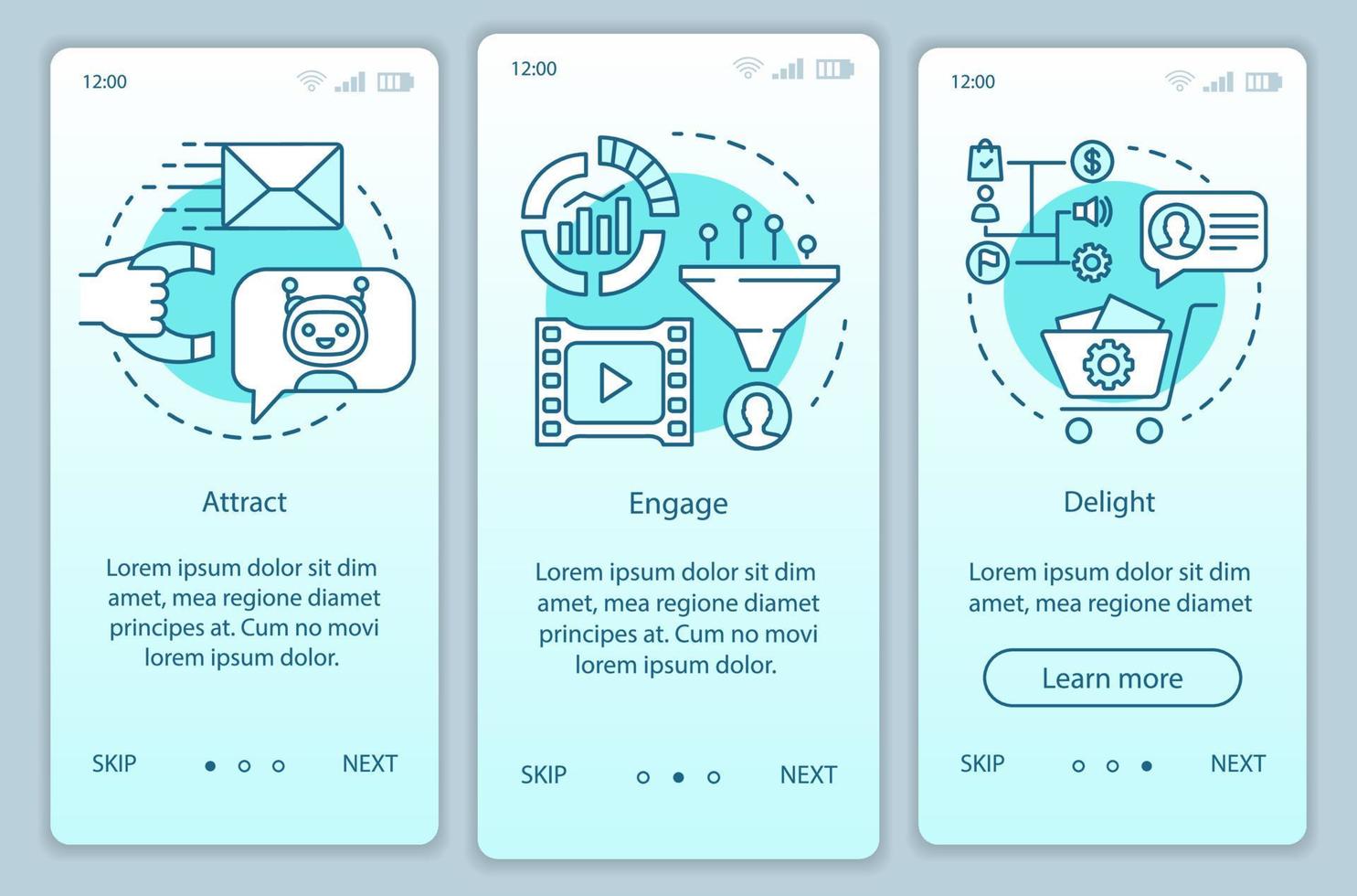 Inbound marketing method for customers turquoise onboarding mobile app page screen vector template. Walkthrough website steps with linear illustrations. UX, UI, GUI smartphone interface concept