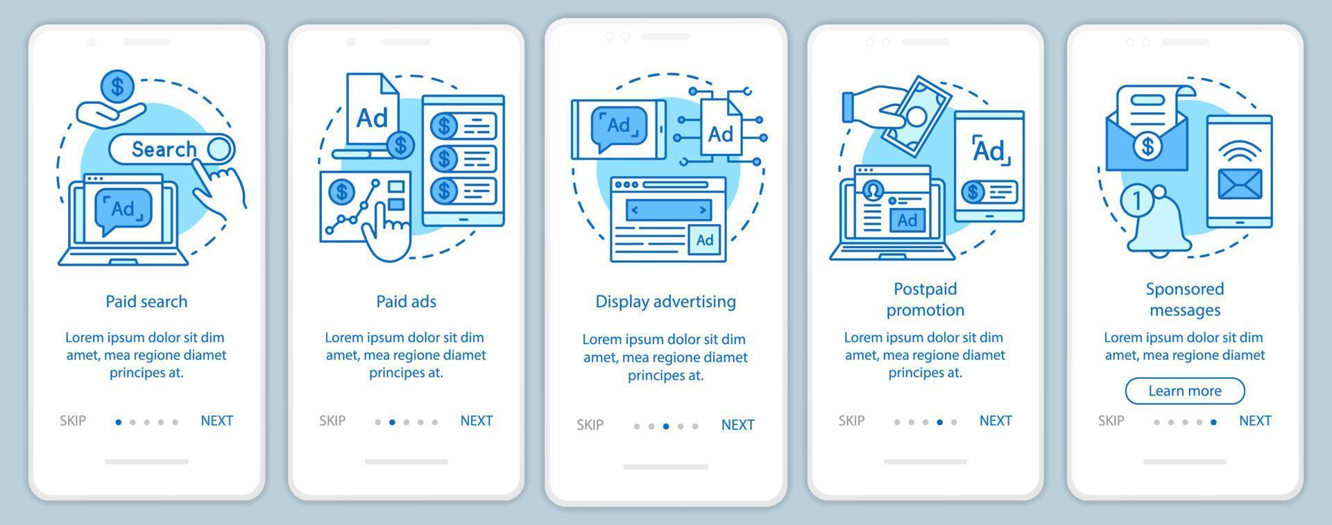 PPC channels blue onboarding mobile app page screen vector template. Media marketing, ad networks walkthrough website steps with linear illustrations. UX, UI, GUI smartphone interface concept