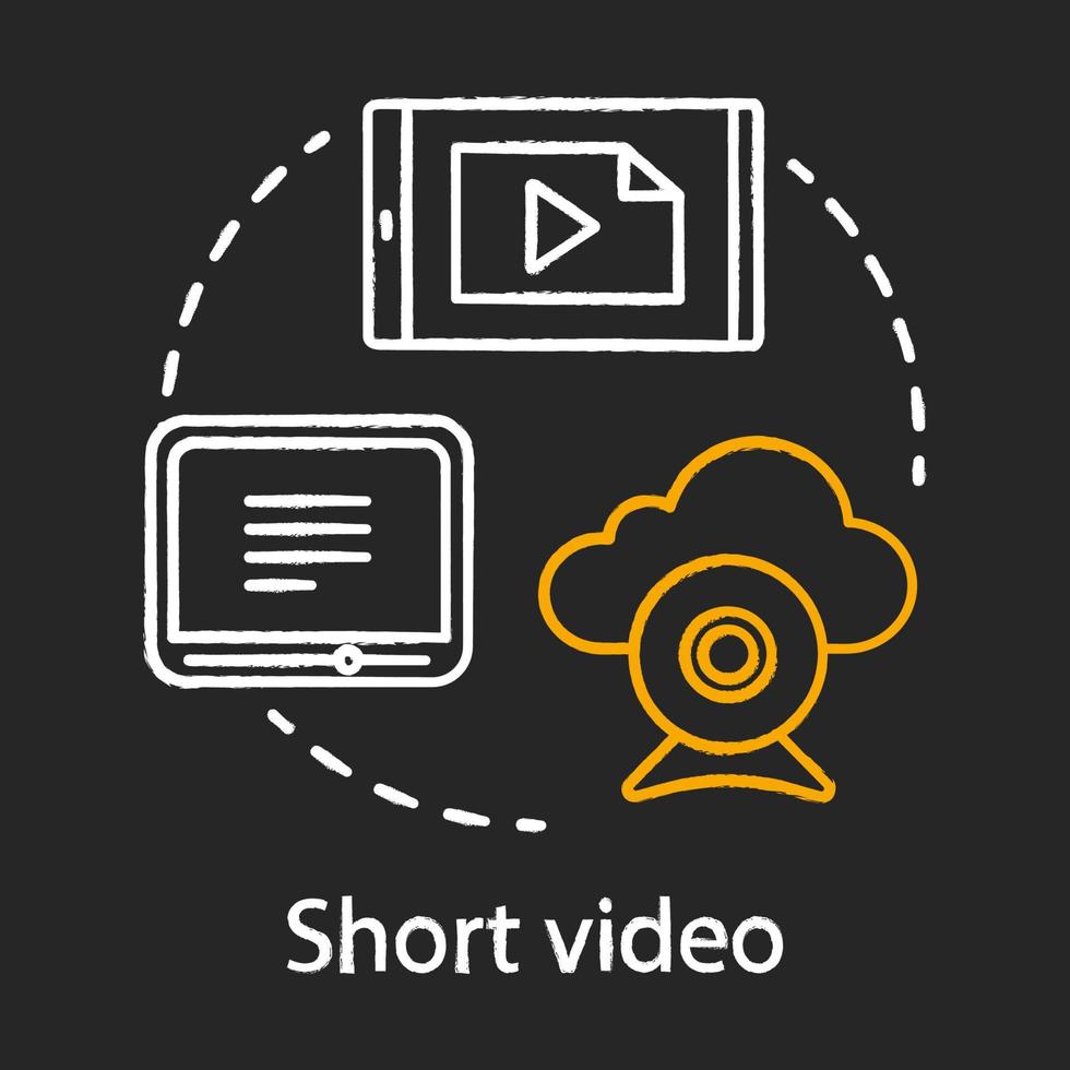 Short video chalk concept icon. Awareness content idea. Digital marketing. Visual media. Broadcasting, player, blogging, streaming. Vector isolated chalkboard illustration