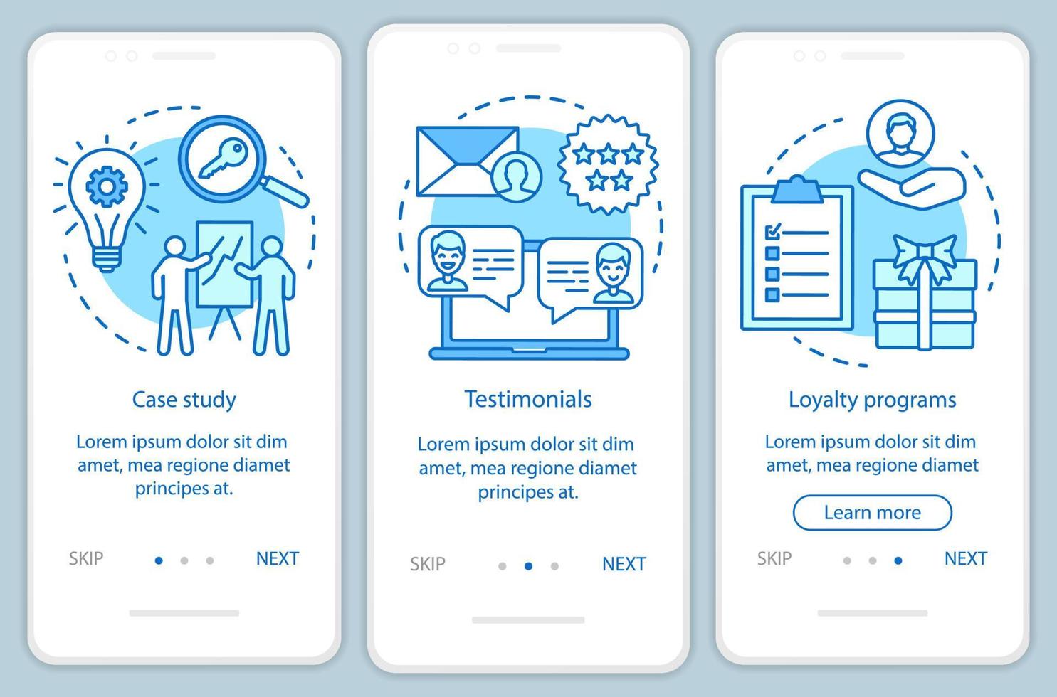 Decision making content blue onboarding mobile app page screen vector template. Customer attraction walkthrough website steps with linear illustrations. UX, UI, GUI smartphone interface concept