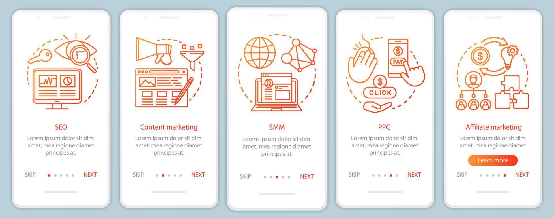 tácticas de marketing digital naranja incorporación de plantilla de vector de pantalla de página de aplicación móvil. Pasos del sitio web del tutorial de marketing de afiliados con ilustraciones lineales. concepto de interfaz de teléfono inteligente ux, ui, gui