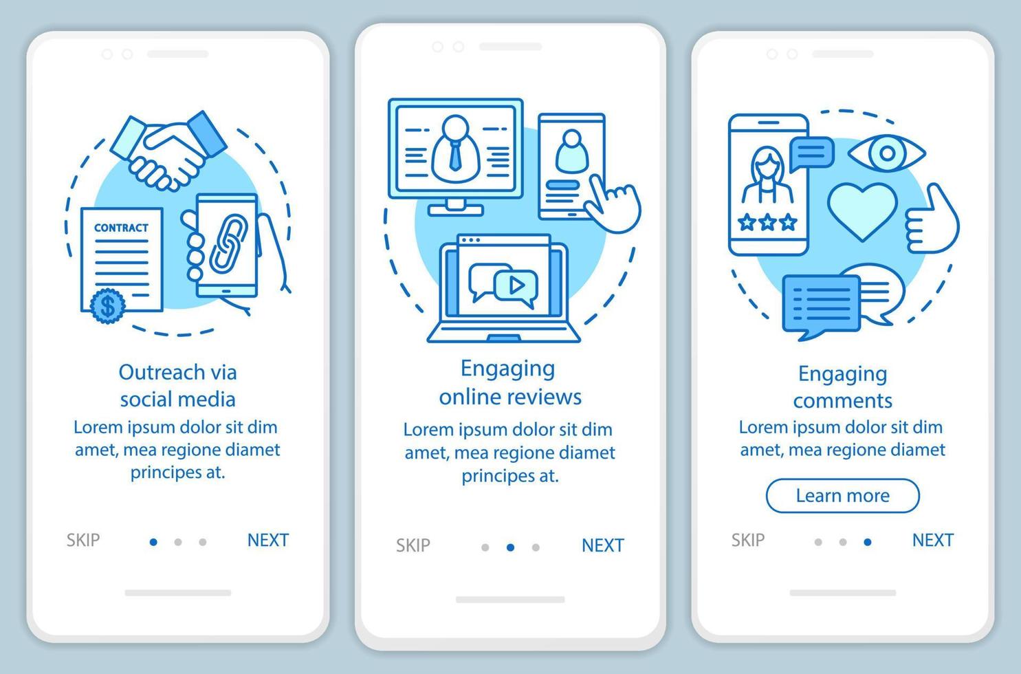 Plantilla de vector de pantalla de página de aplicación móvil de incorporación de pr en línea azul. Redes sociales, pasos del sitio web de tutorial de marketing de contenidos con ilustraciones lineales. concepto de interfaz de teléfono inteligente ux, ui, gui