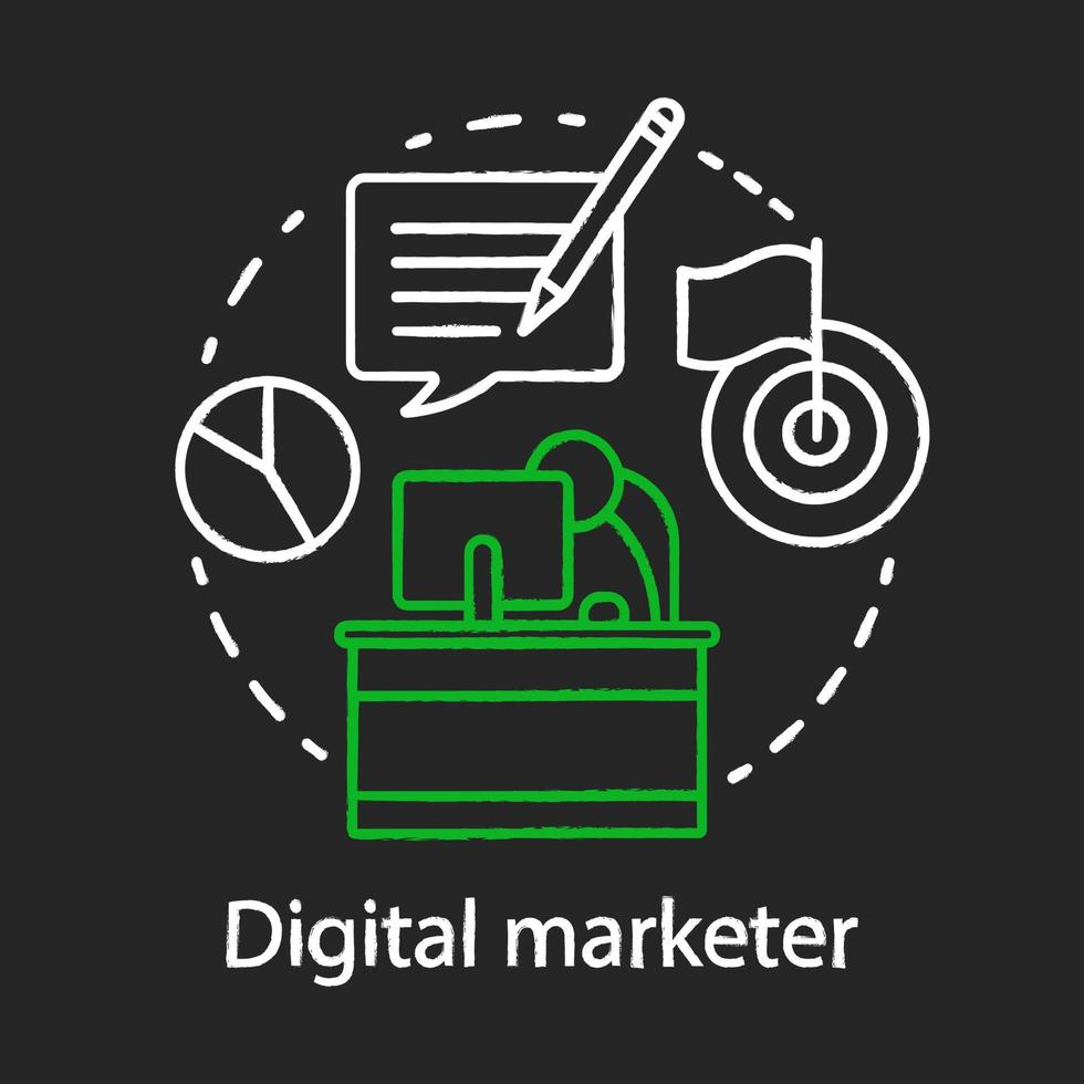 Digital marketer chalk concept icon. Digital marketing specialty idea. Target advertising specialist, copywriter. Market research analyst. Vector isolated chalkboard illustration