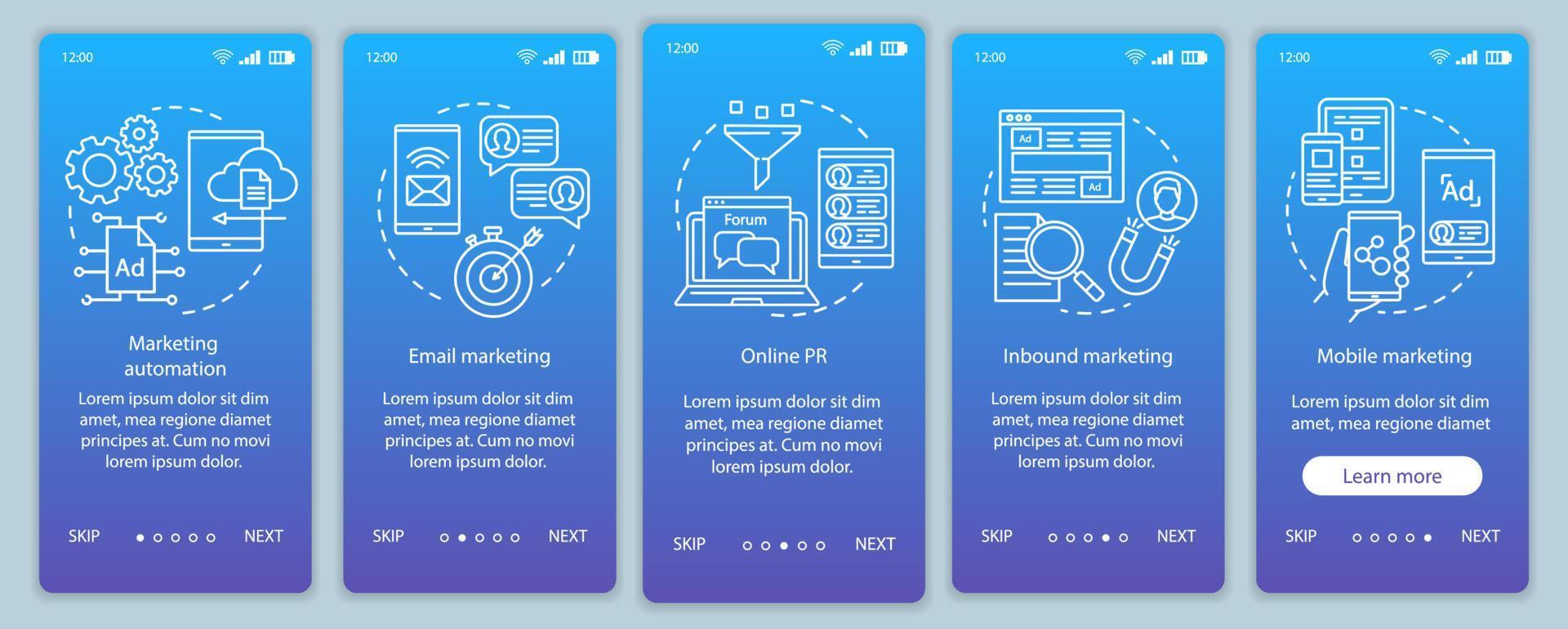 Digital marketing tactics blue onboarding mobile app page screen vector template. Advertising campaign walkthrough website steps with linear illustrations. UX, UI, GUI smartphone interface concept