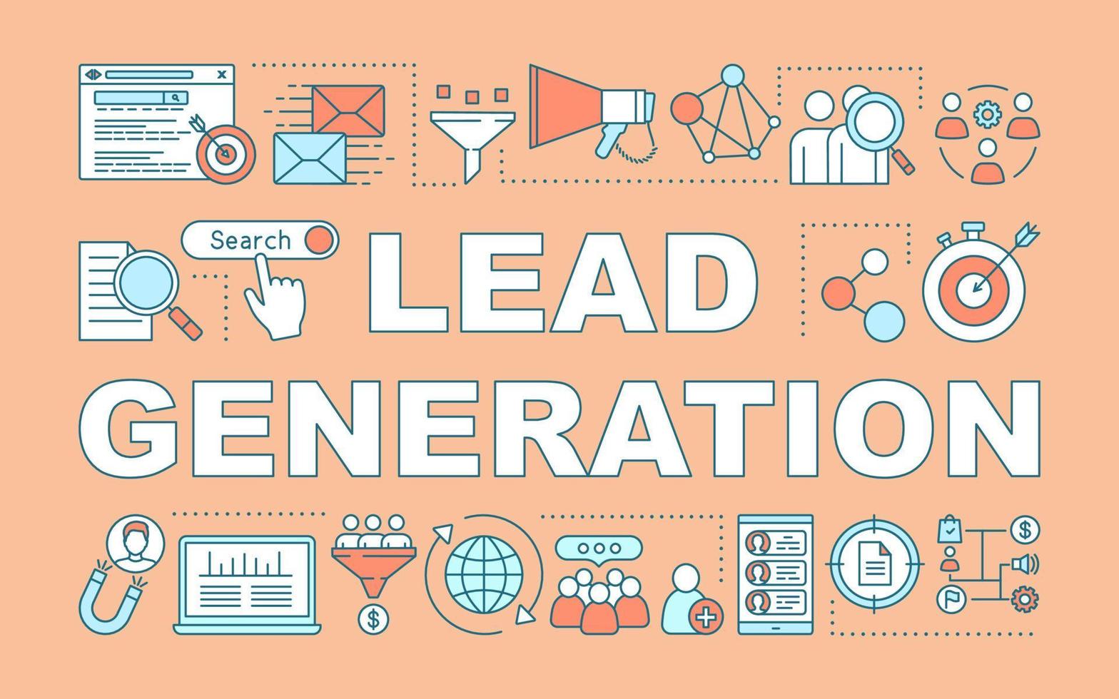 Lead generation word concepts banner. Digital marketing benefit. Sales leads. List building. Presentation, website. Isolated lettering typography idea with linear icons. Vector outline illustration