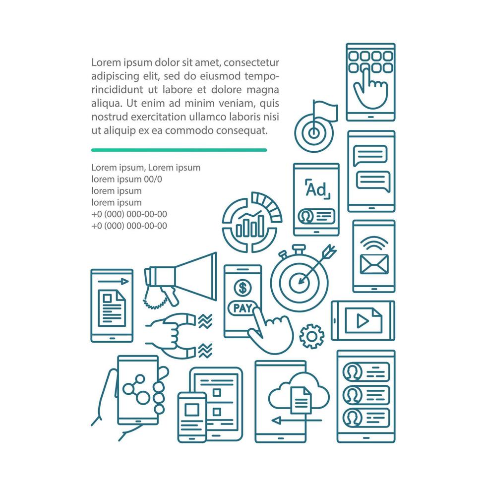 Mobile marketing article page vector template. SMM, display ads. Brochure, magazine, booklet design element with linear icons and text boxes. Print design. Concept illustrations with text space