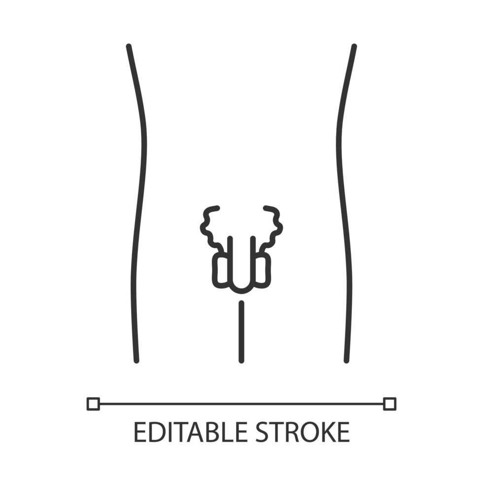 Ill men reproductive system linear icon. Sore human organ. Men health. Thin line illustration. Contour symbol. Vector isolated outline drawing. Editable stroke