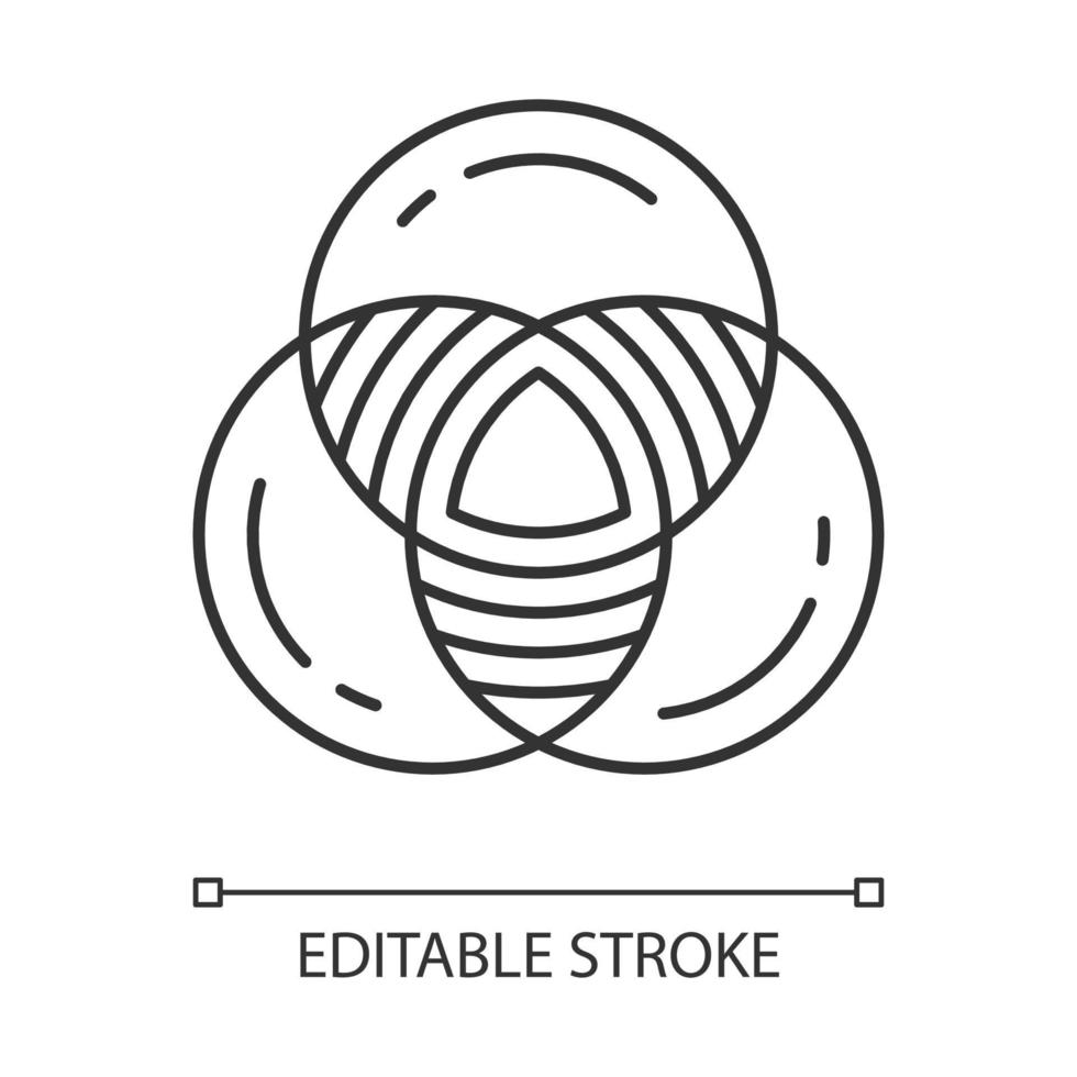 icono lineal del diagrama de Venn. diagrama primario. tres círculos cerrados superpuestos. categorías discretas. Ilustración de línea fina. símbolo de contorno. dibujo de contorno aislado vectorial. trazo editable vector