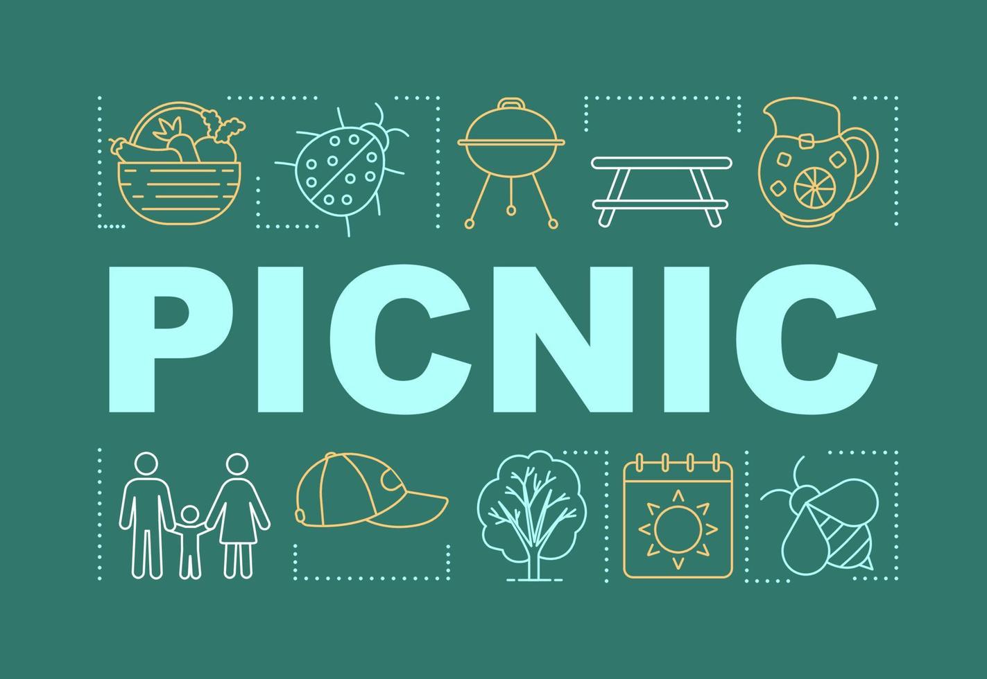 Picnic word concepts banner. Family activities with kids. Barbecue. Meal outdoors. Presentation, website. Lunch in nature. Isolated lettering typography idea with icons. Vector outline illustration